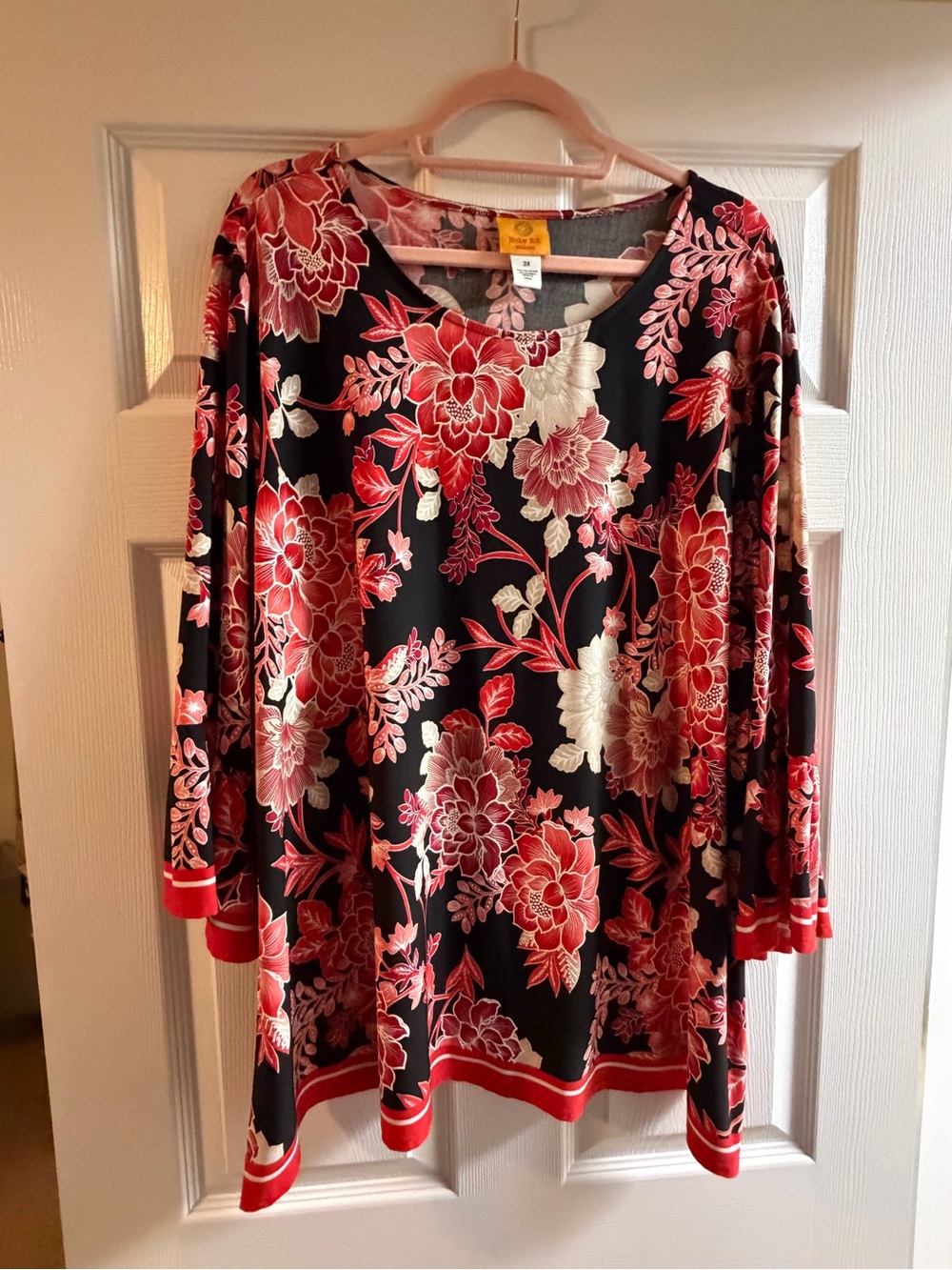 Ruby Rd. Black Tunic Dress with Red and Cream Floral Print